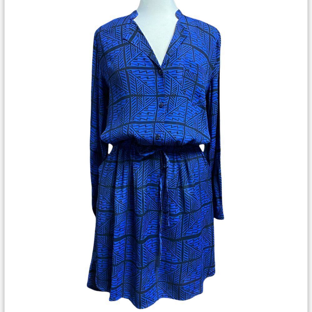 Lucky Brand Royal & Black Print V-Neck Drawstring Waist Long Sleeve Dress